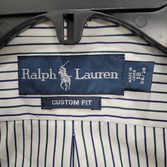 Ralph Lauren Custom Fit Striped Shirt Mens 18 34/35 Navy White Button Down - Picture 4 of 10